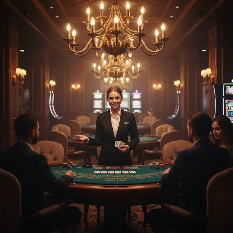 Live casino dealer vid elegant blackjackbord